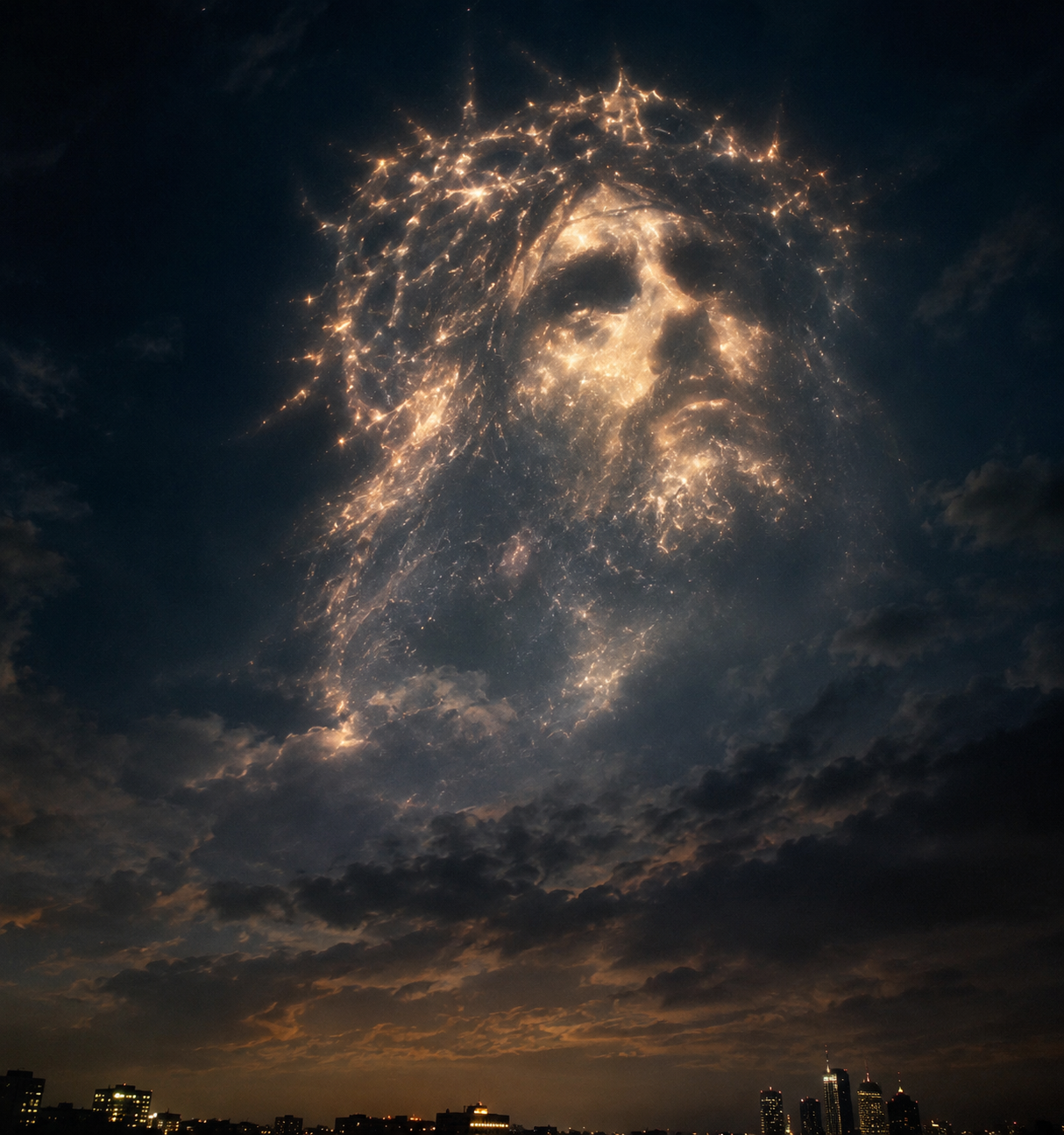 Illustration of Jesus formed by glowing lights above a city at night