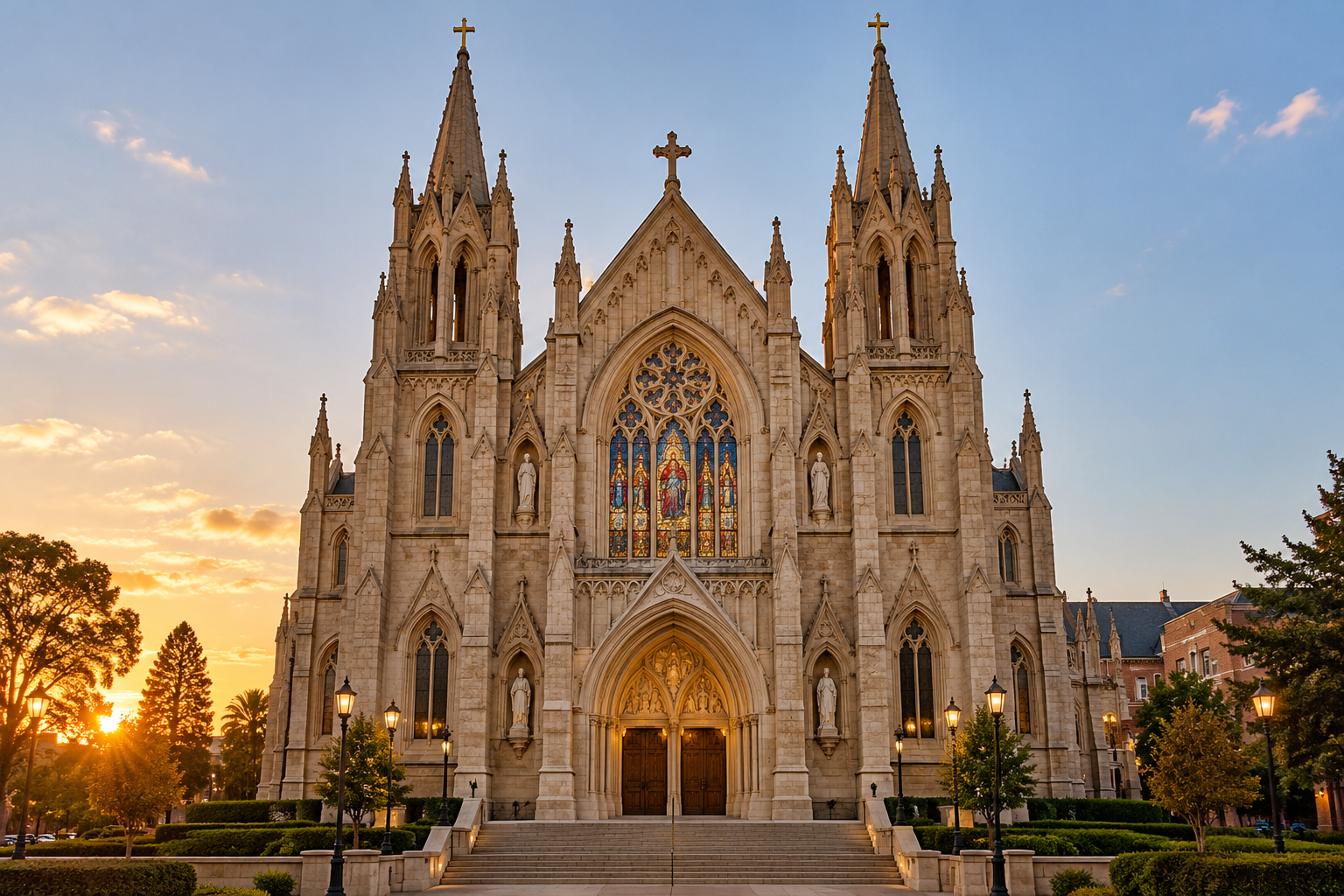Gothic cathedral with twin spires at sunset