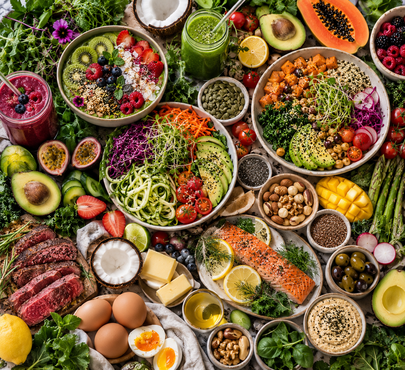 An assortment of fruits, vegetables, grains, nuts, eggs, fish and other whole foods